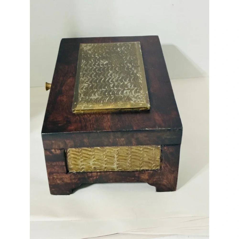 Pier One Wooden Hinged Keepsake Box Dark Wood Tone With Feet And Gold Accent NEW
